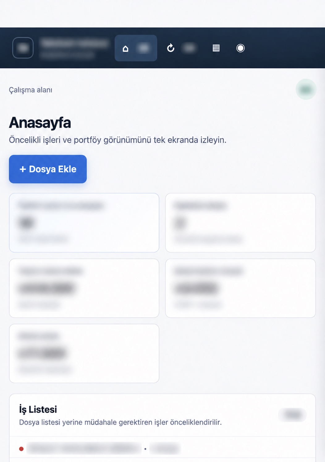 Redacted Turkish-language view of the tahsilat.me legal operations workspace interface.